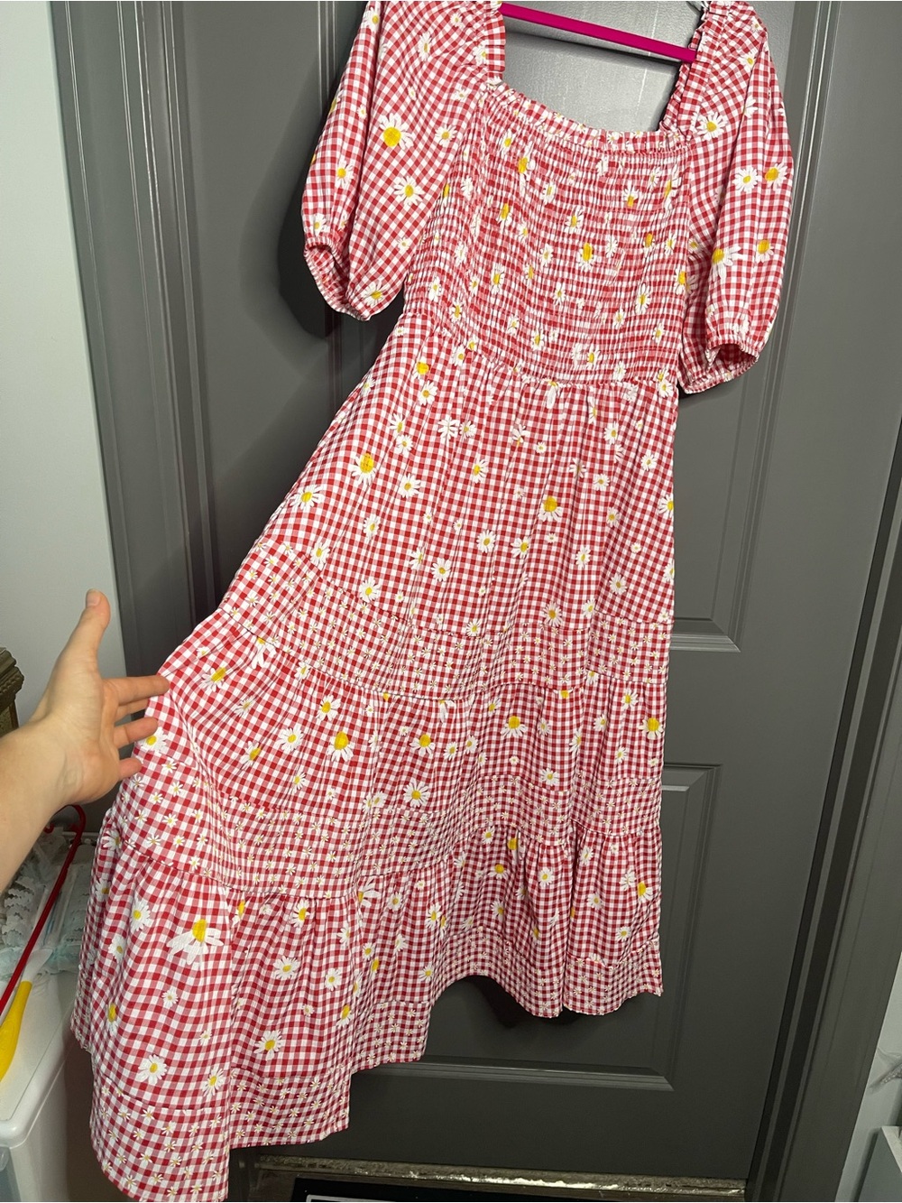Red Gingham Maxi Dress with Daisy Print - Picture 5 of 10